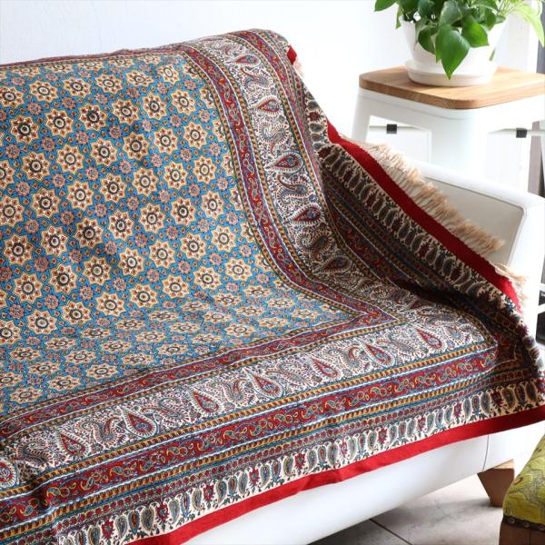 ペルシャ更紗 イラン手染め布 195x131cm アンティークデザイン  テーブルクロス ソファカバ...