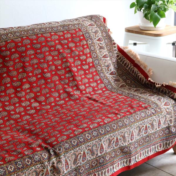 ペルシャ更紗 イラン手染め布 194x131cm アンティークデザイン レッド テーブルクロス ソフ...
