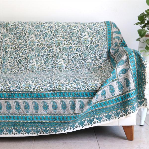 ペルシャ更紗 ガラムカール 234×153cm アンティークデザイン ブルーグリーン ソファーカバー...
