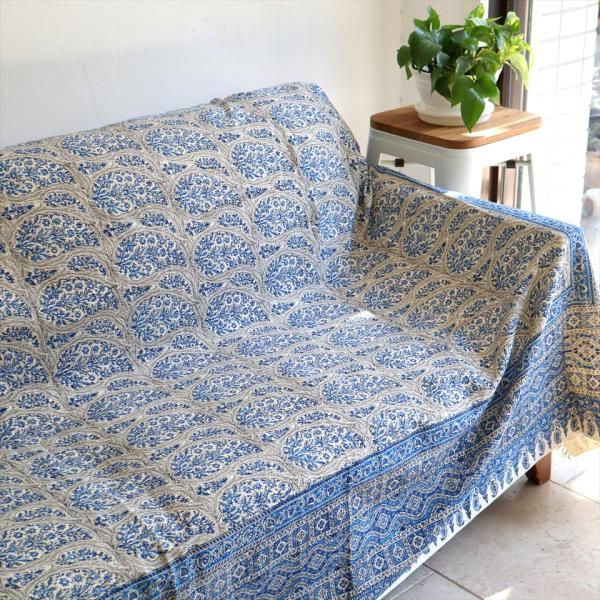 ペルシャ更紗 イラン手染め布 265x208cm ブルー アンティークデザイン ソファーカバー ベッ...