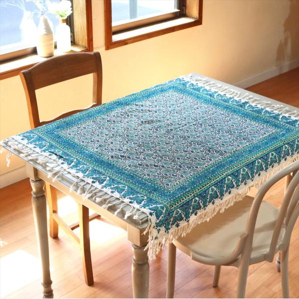ペルシャ更紗 アンティークデザイン イラン手染め布 80x80cmサイズ ブルー ペイズリーテーブル...