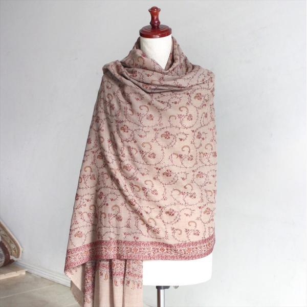 ウールストール・細かな刺繍/大判サイズ 214x200cm ライトブラウン/1点もの