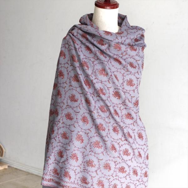 ウールストール・細かな刺繍/大判サイズ 210x95cm グレー/1点もの
