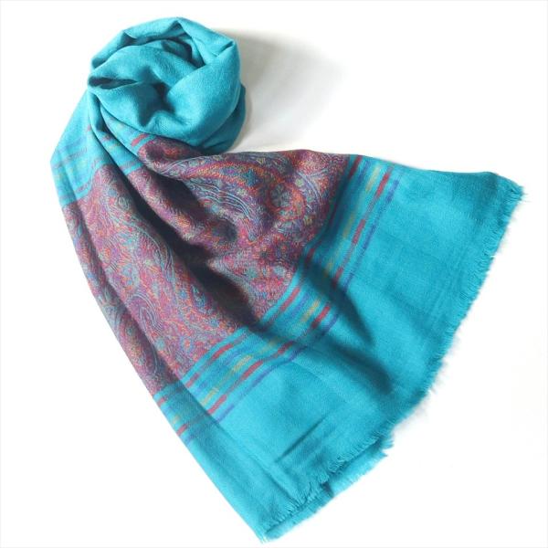 手織りのカシミアストール大判サイズ 194x71cm ターコイズ