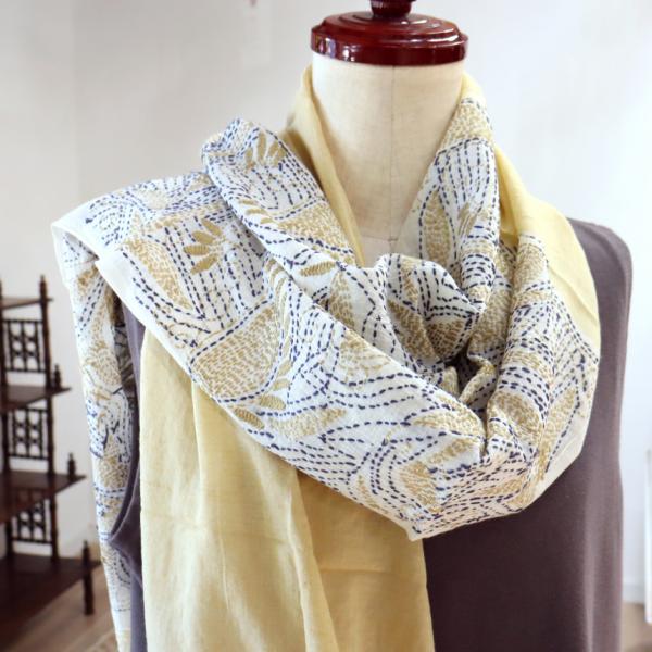 手刺繍 コットストール インド　カディボタニカルｘイエロー　バイカラー