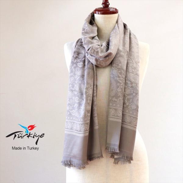 大判ストール 光沢あるジャガード織り 薄手ペイズリー トルコデザイン　グレージュ　ミンク