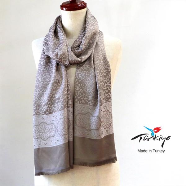 大判ストール 光沢あるジャガード織り 薄手グレージュ　アラベスク　トルコデザイン