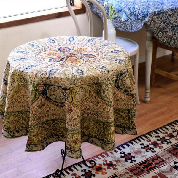 カラムカーリ　インド更紗　130cm　円形クロス　コットン100% 木版ブロックプリント