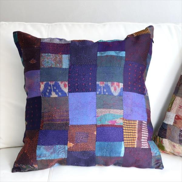 カンタ刺繍　シルク　クッションカバー51×50cmモザイクパッチワーク　パープルモザイク
