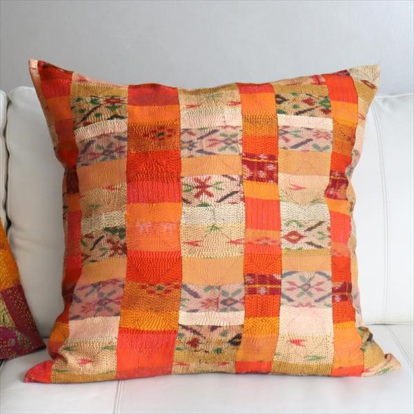 カンタ刺繍　シルク　クッションカバー60×60cmモザイクパッチワーク　オレンジグラデーション