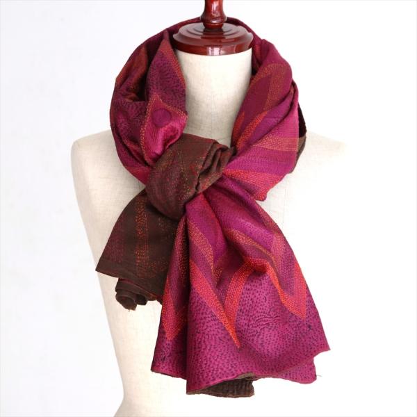 インドの古布 カンタ刺繍 シルクストール Kantha embroidery, India196x7...