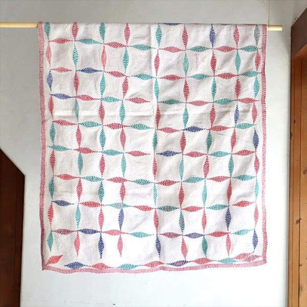 インド カンタ刺繍 パッチワーク/ラリーキルト 古布 ヴィンテージファブリック 141x101cm