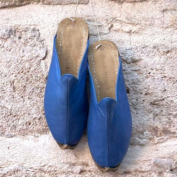 トルコ製 レザースリッパ ブルー 24cm ルームシューズ 本革スリッパ