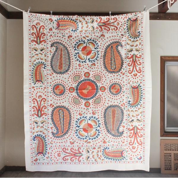 スザンニ刺繍・アンティークデザインリプロダクション 192x157cm オレンジ＆グリーン・大きなボ...