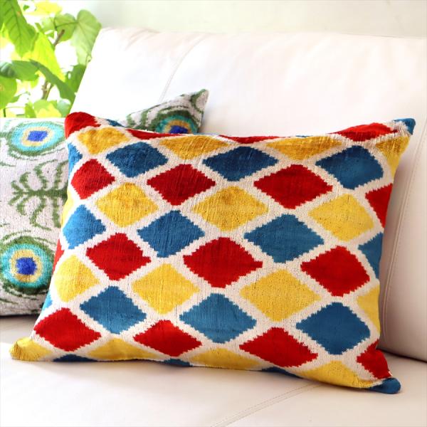 アトラス(イカット 絣) クッションカバー ウズベキスタン 横長クッション シルクベルベット 50x...