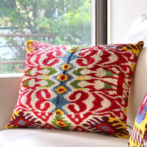 アトラス(イカット 絣) クッションカバー ウズベキスタン 横長クッション シルク ベルベット 50...