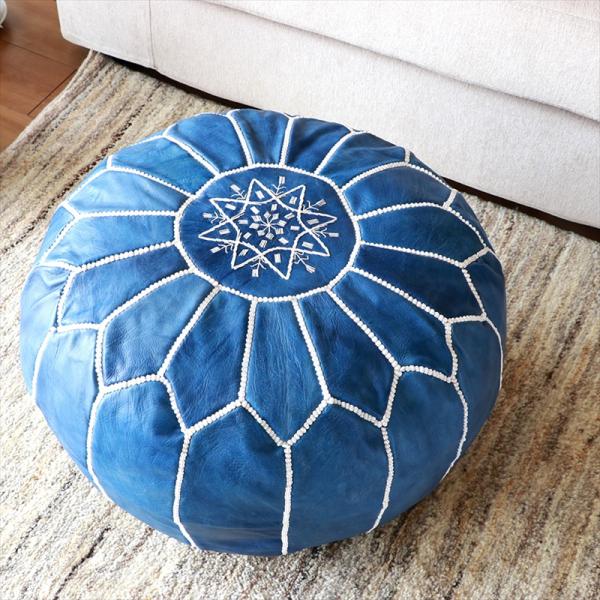 Moroccan POUF Blue モロッコ プフφ50cm ヤギ革　ブルー　オットマンスツール　...
