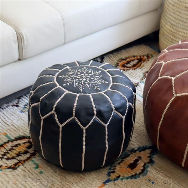Moroccan POUF Tan モロッコ　プフφ35cm ヤギ革　マットブラック　オットマンスツ...