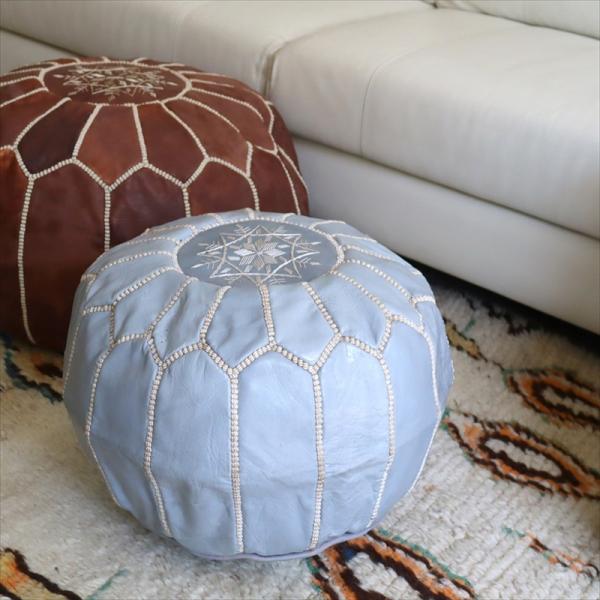 Moroccan POUF Tan モロッコ　プフφ35cm ヤギ革　ライトグレー　オットマンスツー...