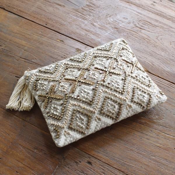 刺繍＆ビーズ装飾フラットポーチ タッセル付き/小物入れ/コスメポーチ 化粧ポーチ/綿100％   ゴ...