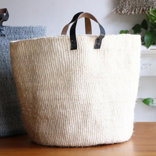 サイザルバッグ　丸底特大　レザーストラップナチュラル（生成り）