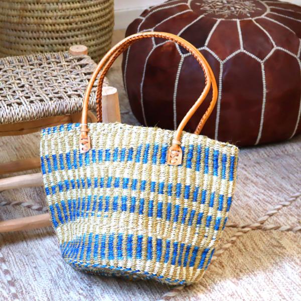 ケニアバッグ　サイザル麻の丸底ショルダーバッグ 【現品】ブルーxベージュ