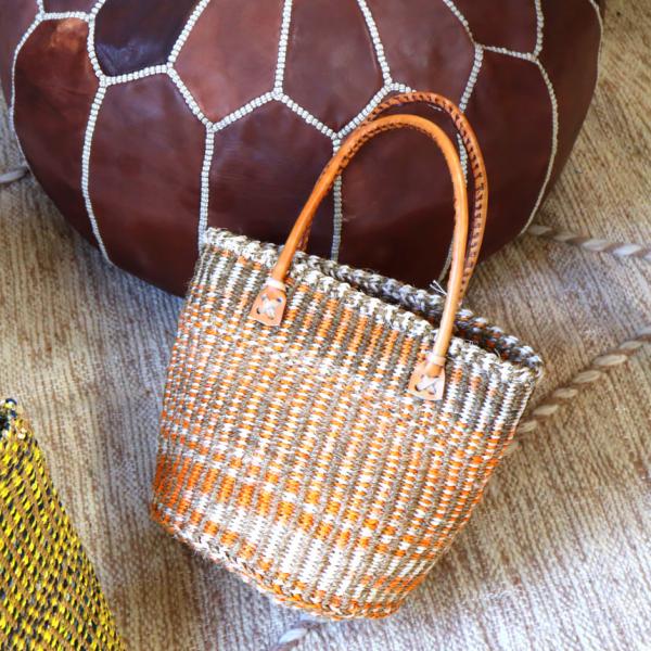 ケニアバッグ　サイザル麻の丸底ショルダーバッグ 【現品】オレンジxグレー