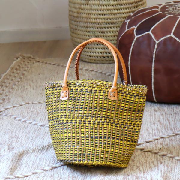 ケニアバッグ　サイザル麻の丸底ショルダーバッグ 【現品】イエローxブラック