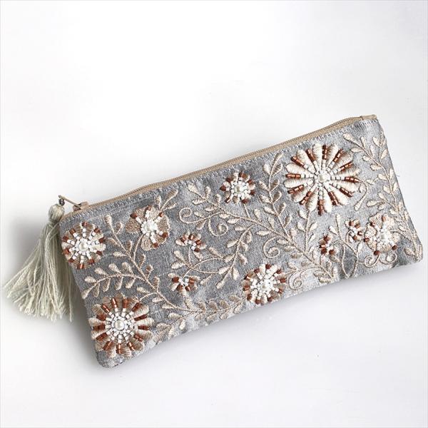 花柄刺繍＆ビーズ装飾細長ポーチ タッセル付き/小物入れ/コスメポーチ ペンケース/シルバーグレー