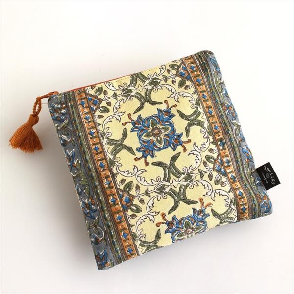 木版ブロックプリント　コットンのフラットポーチ ブルー タッセル付き/両面違うデザイン