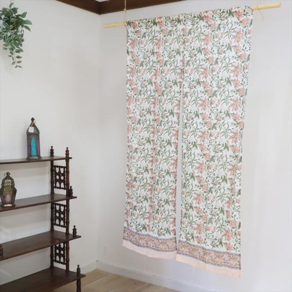 のれん ブロックプリント　ボタニカル フラワー　リラ