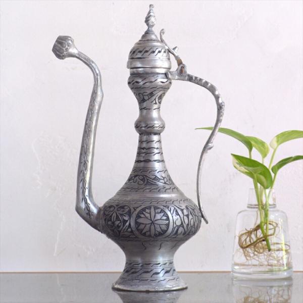トルコ 銅製の水差し アンティークシルバー 高さ35cm
