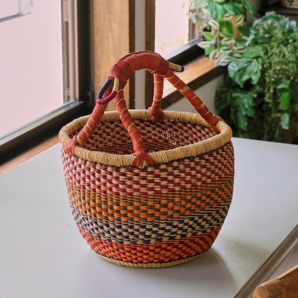 ブルキナバスケット羊革の持ち手 カラフルストライプ 【現品】　