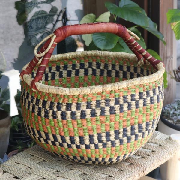 アフリカンバスケット 特大 直径40cm ブルキナバスケット 羊革の持ち手 【現品お届け】