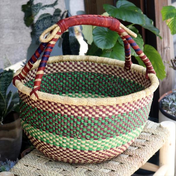 アフリカンバスケット 特大 直径40cm ブルキナバスケット 羊革の持ち手 【現品お届け】