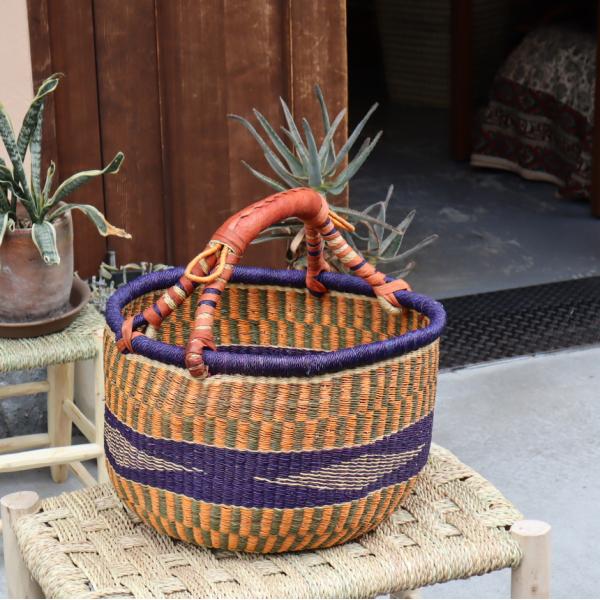 アフリカンバスケット 特大 直径43cm ブルキナバスケット 羊革の持ち手 【現品お届け】