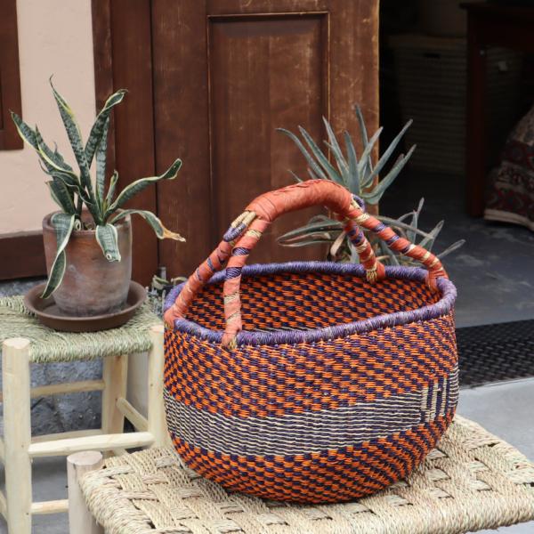 アフリカンバスケット 特大 直径41cm ブルキナバスケット 羊革の持ち手 【現品お届け】