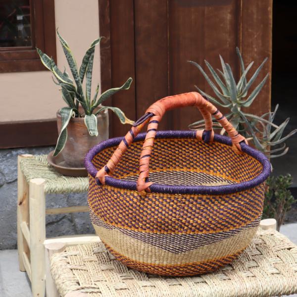 アフリカンバスケット 特大 直径42cm ブルキナバスケット 羊革の持ち手 【現品お届け】
