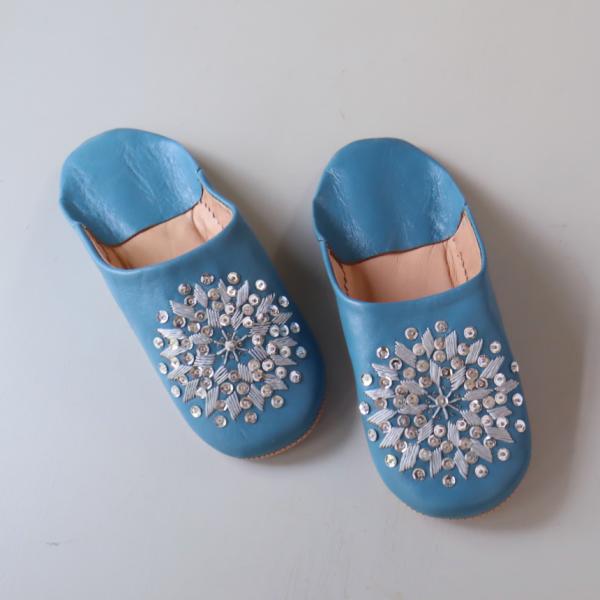 Morocco Babouche バブーシュ　刺 スパンコール/24cm あおぞら＆グレー＆シルバー