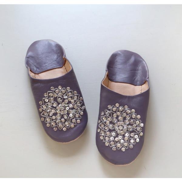 バブーシュ ビーズ刺繍 24cm（39）あけび/シルバー モロッコ　羊革 ハンドメイド パープル