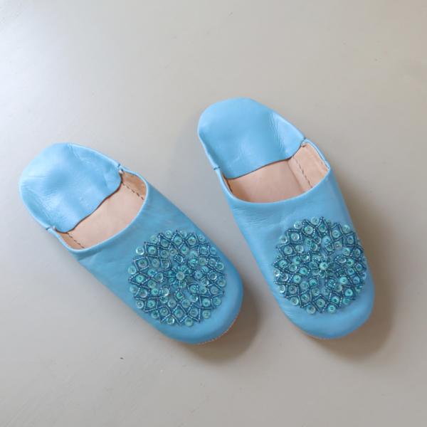 バブーシュ ビーズ刺繍 24cm（39）ターコイズ モロッコ　羊革 ハンドメイド トルコブルー