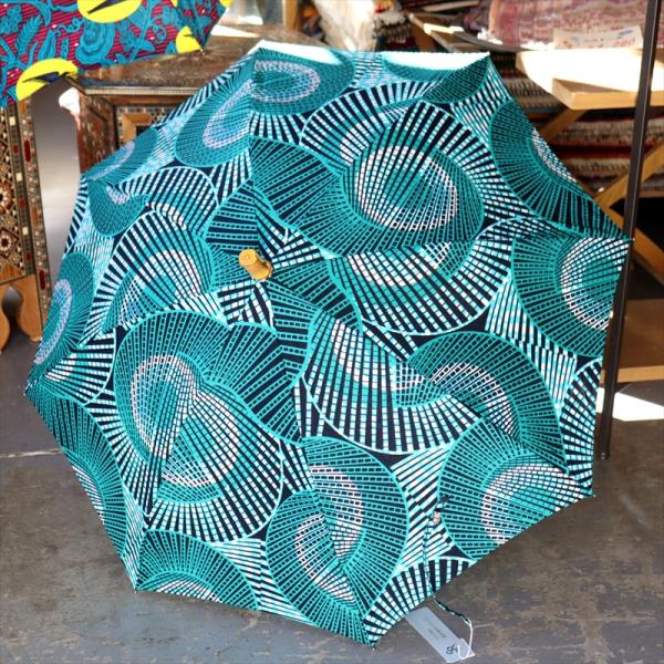 パーニュ　長傘 日傘 アフリカンプリント パラソル　エメラルドグリーン　うずしお