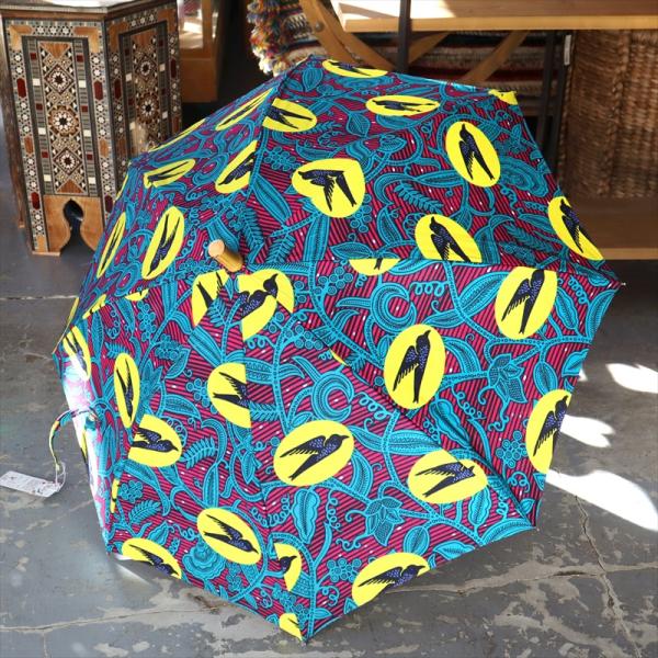 パーニュ　長傘 日傘 アフリカンプリント パラソル　ぺトロールグリーン　つばめ