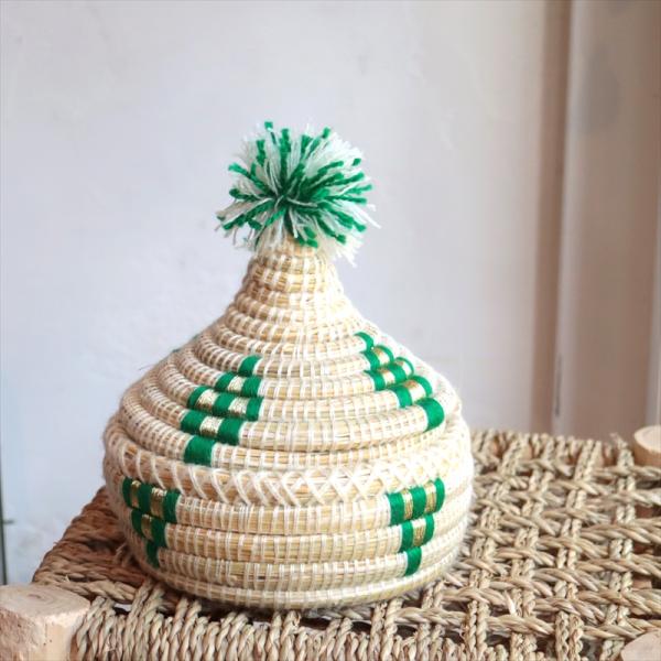 モロッコ バスケット　とんがり タジン型　バスケットグリーンのポンポン