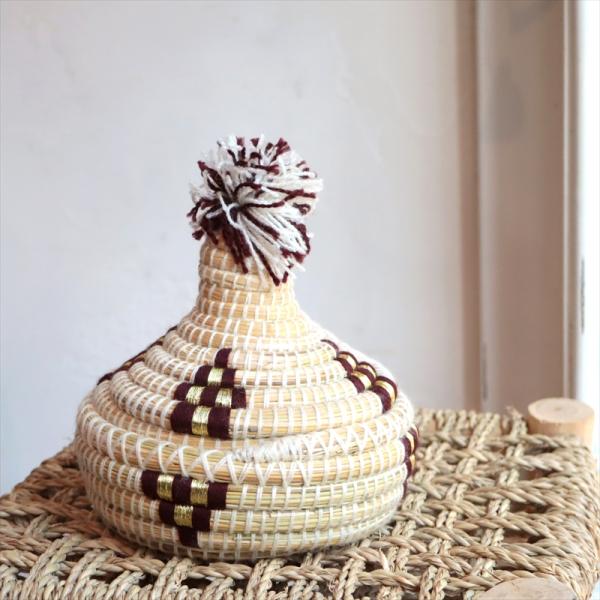 モロッコ バスケット　とんがり タジン型　バスケットブラウンのポンポン