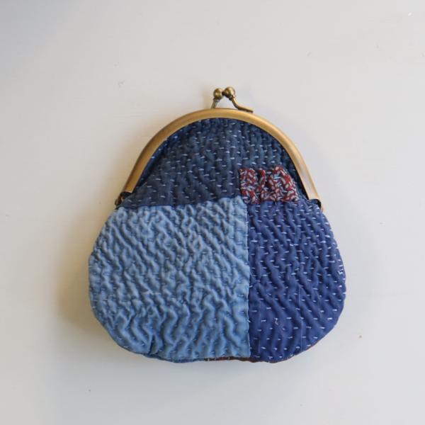 がま口ポーチ カンタ刺繍　インド 刺し子ヴィンテージカンタ