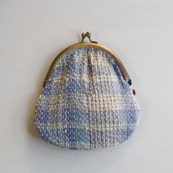 がま口ポーチ カンタ刺繍　インド 刺し子ヴィンテージカンタ