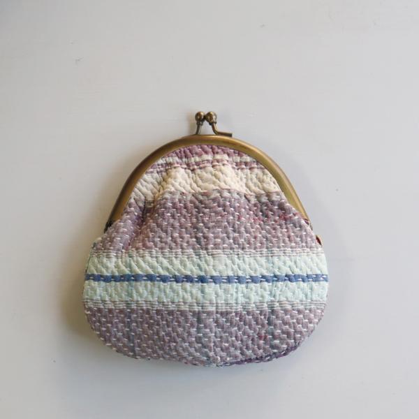 がま口ポーチ カンタ刺繍　インド 刺し子ヴィンテージカンタ