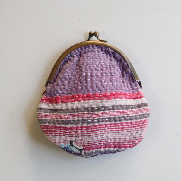 がま口ポーチ カンタ刺繍　インド 刺し子ヴィンテージカンタ