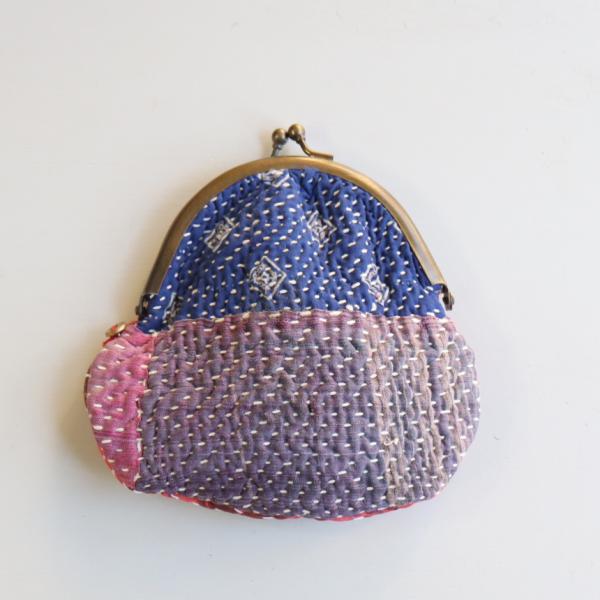 がま口ポーチ カンタ刺繍　インド 刺し子ヴィンテージカンタ